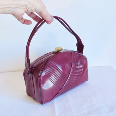 1950's Burgundy Leather structured Box Purse Top Handle Black Piping 50's Handbags Rockabilly Swing Fall Winter Marbett Creation 