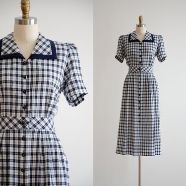 navy plaid dress 80s 90s vintage 1940s style blue white checkered midi dress 