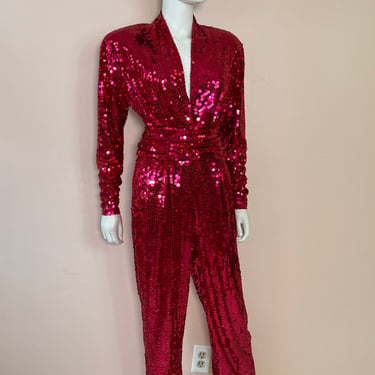 Vtg 1980s disco holiday Jewel Tone Red Sequin Jumpsuit 