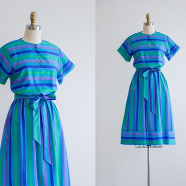 blue striped dress | 70s 80s vintage Lanz blue green purple striped fit and flare summer dress 