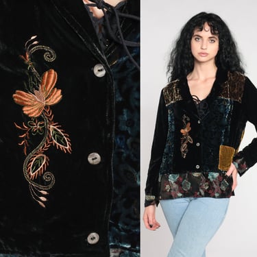Patchwork Velvet Jacket 00s Embroidered Leopard Print Button Up Jacket Black Boho Vintage Y2K Bohemian Gothic Medium 