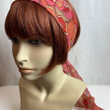 60’s retro mod groovy sheer scarf~red pink abstract print head scarf~ pussycat neck bow~ hair tie band~ 1960’s 