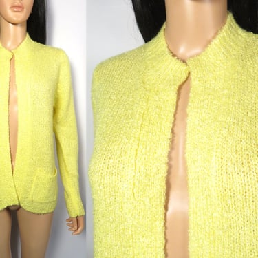 Vintage 70s Bright Yellow Open Cozy Textured Knit No Closure Cardigan Size S/M 