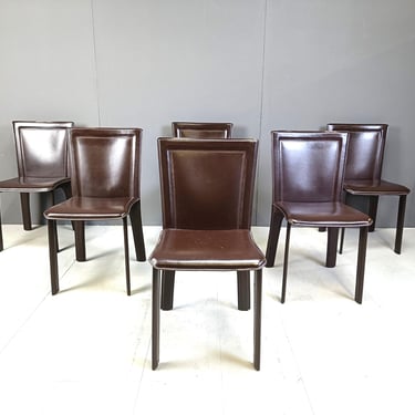 Vintage brown leather dining chairs, set of 6, 1980s - vintage italian dining chairs - high back dining chairs 