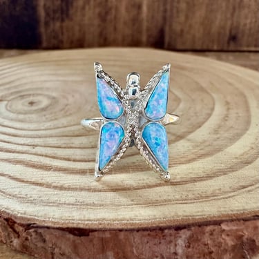 FLYING BUTTERFLY Opal and Silver Ring | Light Blue Iridescent Stone | Most Likely Navajo, Native American Southwestern Jewelry | Size 10 1/4 