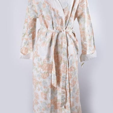 LAURA ADAMS New TAGS Soft Peach Rose Floral Print, Long Robe, 100% Cotton Flannel Lace Embroidery Vintage 1980's, size Medium 