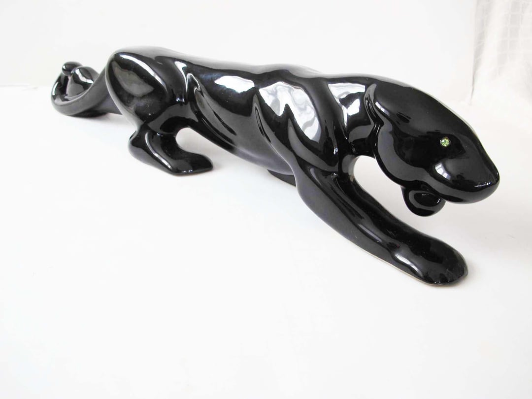 Mid Century Black Ceramic Jaguar Panther Sculpture - 1960s
