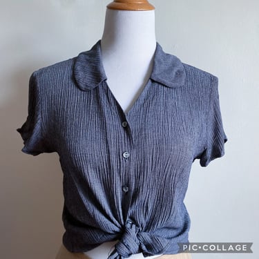 Vintage 90s Y2K Grey Crinkle Button Front Top XS 