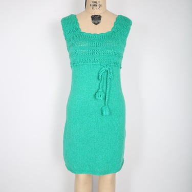 Vintage 60s Gogo Green Knit Mini Dress Twiggy Retro 