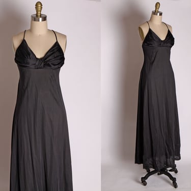 1960s Jet Black Nylon Spaghetti Strap Criss Cross Draped Open Back Lingerie Gown by Sears -M 