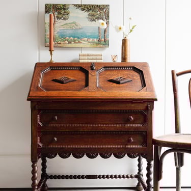 antique French louis xiii style carved walnut secretary