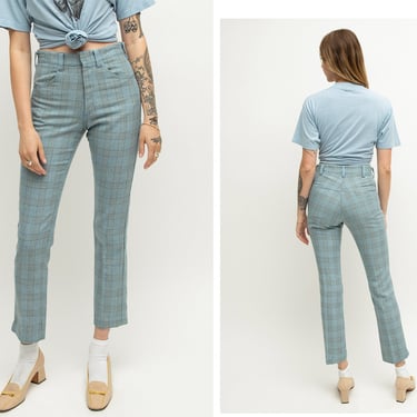 Vintage 1970s 70s Lee Blue Checkered High Waisted Kick Flare Pants Trousers 
