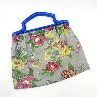 Vintage 1950s Barkcloth Tote Bag with Blue Plastic Handles | Floral Fabric Purse 