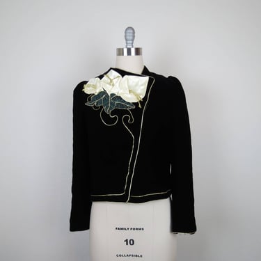 Vintage 1980s blazer jacket applique embellished floral velvet puff sleeve rare designer Eugene Alexander avant garde 
