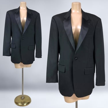 VINTAGE 90s Black Satin Shawl Collar Tuxedo Suit Jacket by Versini 38 | 1990s Men's Women's Unisex Single Breasted Wool Evening Jacket | vfg 