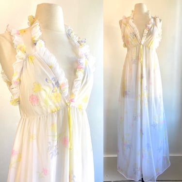 Vintage 70s Nightgown / SHEER FLORAL / Ruffled Deep V Neck + Empire Waist / Jolie Two / XS 