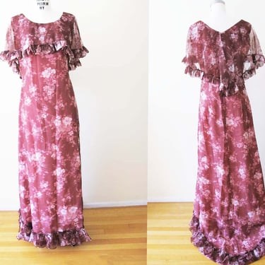 Vintage 70s Chiffon Maxi Dress with Train M - 1970s Burgundy Red Floral Sheer Long Dress Capelet Top Ruffle Trim 