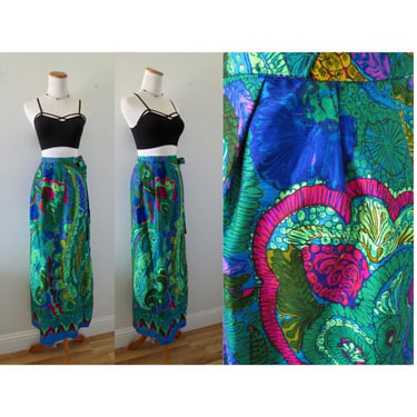 Vintage 60s Maxi Skirt - Groovy Psychedelic Mod Floral Print - High Waisted Wrap Style - Size Medium 28