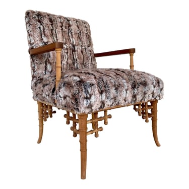 Hickory Chair Custom Asian Modern Carved Raw Wood Bamboo Faux Fur Lounge Chair