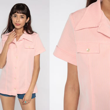 70s Striped Button Up Shirt Baby Pink Pinstripe Disco Shirt 1970s Mod Shirt Dagger Collar Vintage Candy Stripe Short Sleeve Retro Large L 
