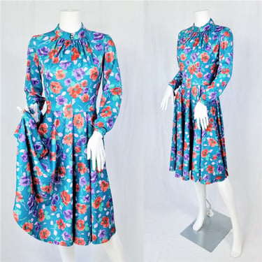 1970's Blue Poly Poppy Print Floral Print High Neck Secretary Dress I Sz Med I Sears 