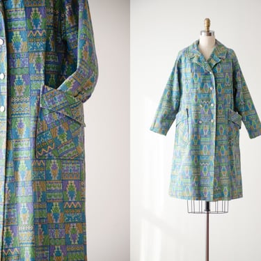 green tapestry jacket | 60s vintage green purple yellow tribal aztec pattern oversized swing coat 