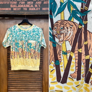 Vintage 1950’s Jungle Tiger Picture Print Cotton Rockabilly Shirt, Original, Rare, 50’s Vintage Clothing 