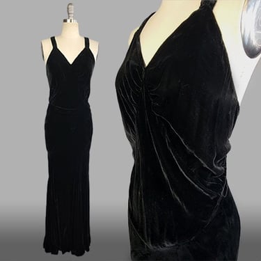 1930s Silk Velvet Gown / 1930s Black Silk Velvet Strappy Bias Cut Gown / Silk Velvet Dress / Black Velvet Dress / Size Medium Size Large 