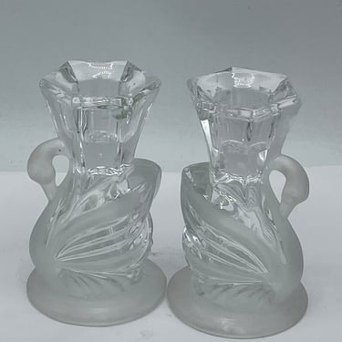Pair Of Lead Crystal Glass Swan Clear Frosted Candle Holders 4”T 2”W 