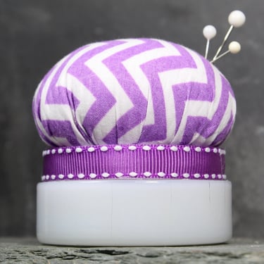 Purple & White Vintage Milk Glass Upcycled Pin Cushion | Upcycled Pin Cushion | Vintage Pin Cushion | One of a Kind Gift | Quilter's Gift 