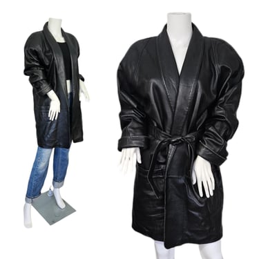 Tannery West 1980's Long Black Leather Belted Oversized Trench Coat I Jacket I Sz Lrg 