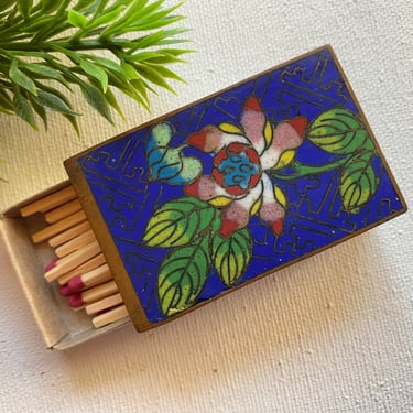 Asian Cloisonné Floral Matchbox Holder, Vintage, Blue With Red Flowers, 2 Sided, Metal Match Holder, Decorative 