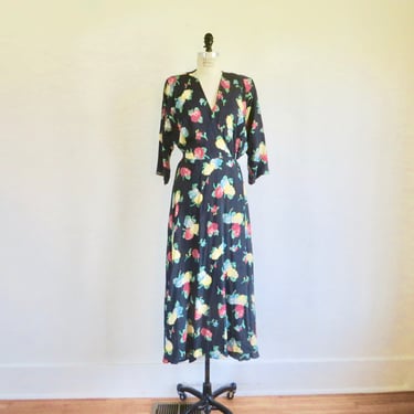 1940's Pink Yellow Black Rayon Floral Hydrangea Print Long Maxi Robe Dressing Gown Housedress WW2 Era Loungewear Textron 31