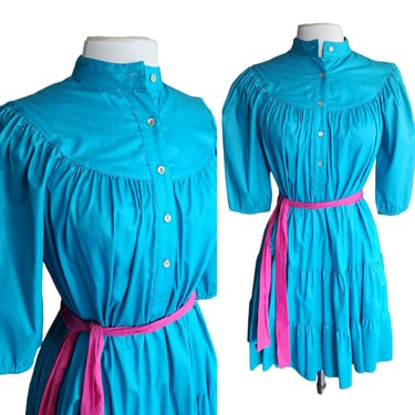 Vintage 80s Blue Day Dress Puffed Sleeves Pink Belt Betsy's Things 