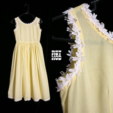 JUNIOR SIZE - Vintage 60s 70s Pastel Yellow Swiss Dot Dress with Flower Trim 