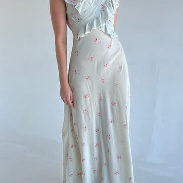 1930's Blue Grey Silk Dress with Wrap Ruffle and Pink Floral Print