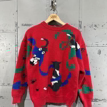 Vintage Cat Picture Knit Sweater Red Paws details Cat Lady 