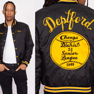 80s Baseball League Chainstitch Varsity Jacket - Men's Small | Vintage Striped Trim Embroidered Snap Button Team Bomber 