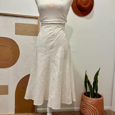90s Vintage White Linen Textured Embellished Summer Midi Skirt 10 
