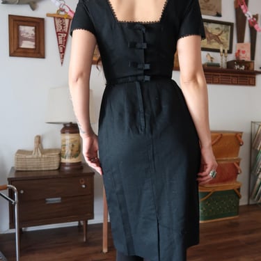 Vintage 60's Maggi Stover Black Fitted Bow Back Detail Mid Length Dress 