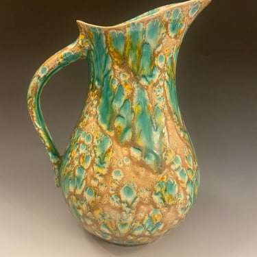 Glossy Classic Turquoise Green Beige Pottery Pitcher Vase 