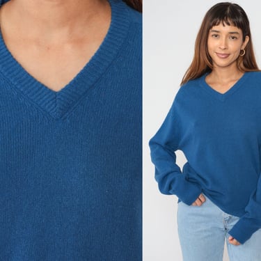 Blue Wool Sweater 80s Knit Pullover V Neck Sweater Retro Plain Basic Jumper Simple Solid Fall Minimal Knitwear V-Neck 1980s Medium Large 