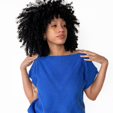 1980s Cobalt Blue Knit Short Sleeve Top, sz. S-3X