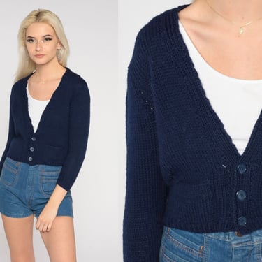 Navy Blue Cardigan 70s Cropped Sweater Plain Boho Retro Button Up Acrylic Knitwear Basic Deep V Neck Crop Vintage 1970s Extra Small xs 