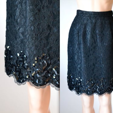 Vintage Black Lace Skirt with Sequins size Small // Balck Sequin Skirt Size Small by Lillie Rubin 