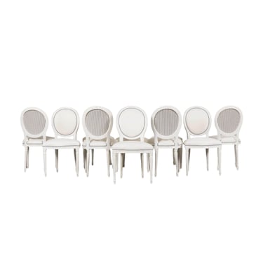 French Louis XVI Style Painted Dining Chairs in Natural Belgian Linen - Set of 10 