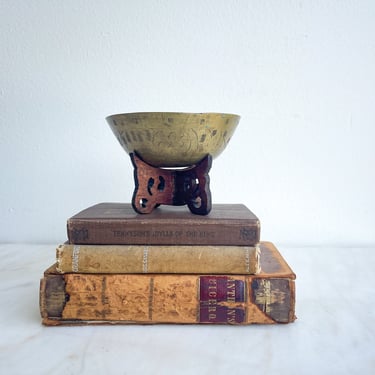 Antique Heavy Brass Small Chinese Bowl on Wood Stand Incised Brass Bowl Incense Burner Catch All Jewelry Dish Singing Bowl Asian Chinoiserie 