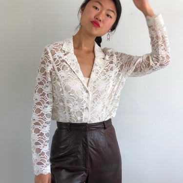 90s lace blouse / vintage milk white sheer lace mesh see through blazer blouse | M 