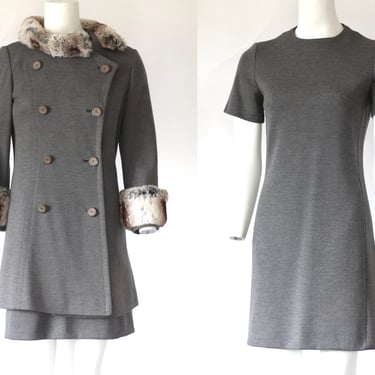 1960s Double Knit Wool Fur Trimmed Coat and Dress Set - Chinchilla Fur Collar and Cuffs - Short Sleeve Shift Dress - Small 