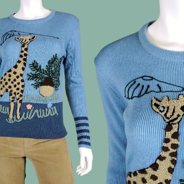 Vintage 70s giraffe sweater. Cute animal pullover sculptural embroidery. Saks Fifth Avenue. Baby blue/grey stripes. (Size M) 